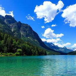 A serene landscape featuring a crystal-clear lake surrounded by lush green trees and mountains in the background under a bright blue sky with fluffy white clouds