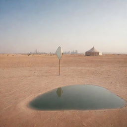 A solitary mirror stands in a vast desert, reflecting an Arabian-style tent. Beyond the mirror, the contrasting image of modern high-rise buildings can be seen.