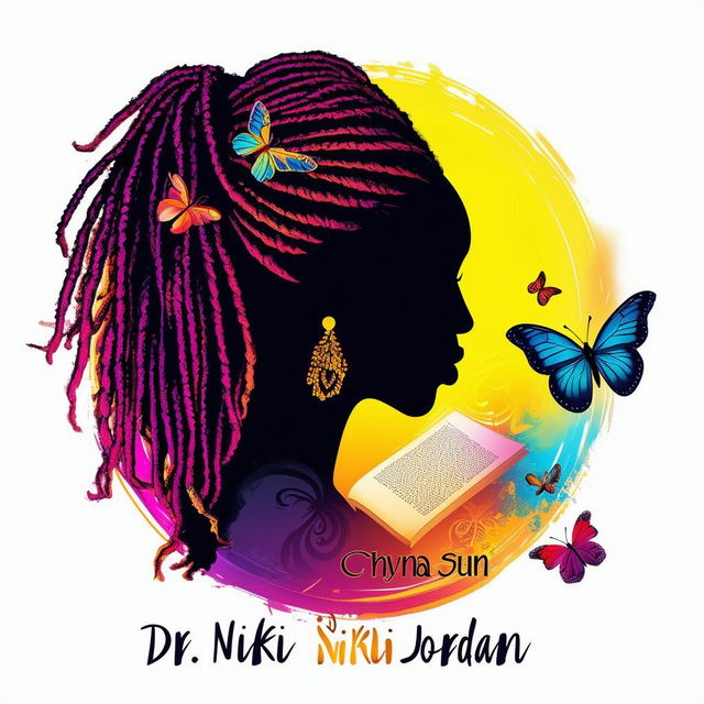 A vibrant and colorful logo for a book cover featuring a silhouette of a woman with dreadlocks, butterflies, a book, and the names 'Dr