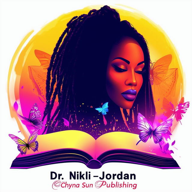 A vibrant and colorful logo for a book cover featuring an open book, a silhouette of a woman with dreadlocks, butterflies, and the names 'Dr