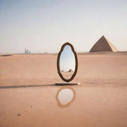 A solitary mirror stands in a vast desert, reflecting an Arabian-style tent. Beyond the mirror, the contrasting image of modern high-rise buildings can be seen.