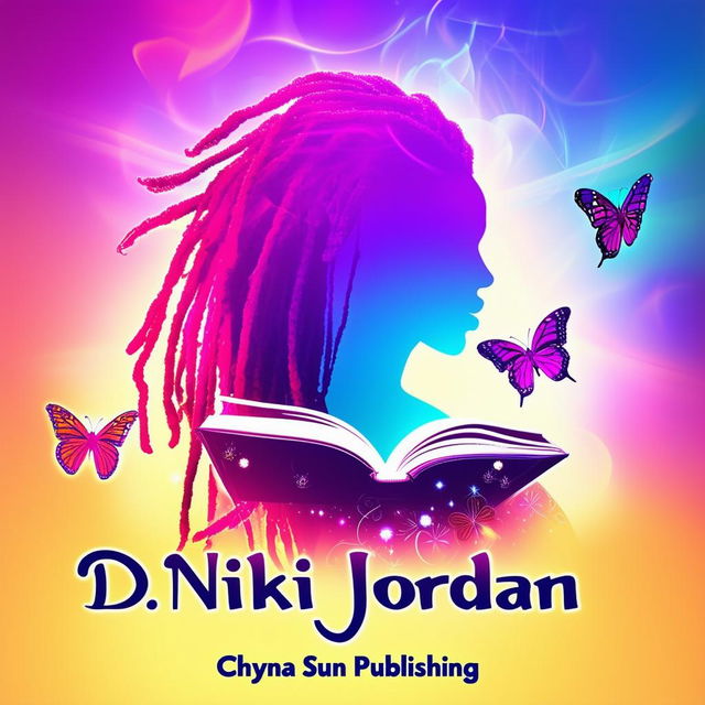 A vibrant and colorful logo for a book cover featuring a silhouette of a woman with dreadlocks, butterflies, a book, and the names 'Dr