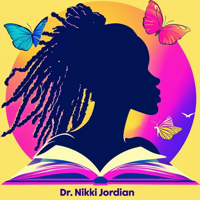 A vibrant and colorful logo for a book cover featuring an open book, a silhouette of a woman with dreadlocks, butterflies, and the names 'Dr