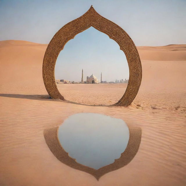 A solitary mirror stands in a vast desert, reflecting an Arabian-style tent. Beyond the mirror, the contrasting image of modern high-rise buildings can be seen.