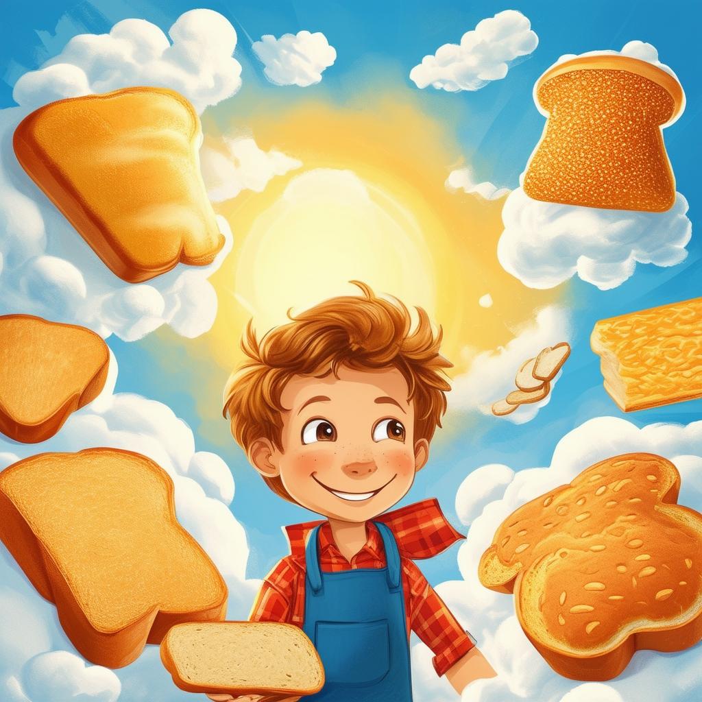 A whimsical book cover for 'Edward Pumpernickel and the Bread Clouds,' featuring a cheerful boy named Edward surrounded by clouds made of different types of bread in a bright, sunny sky