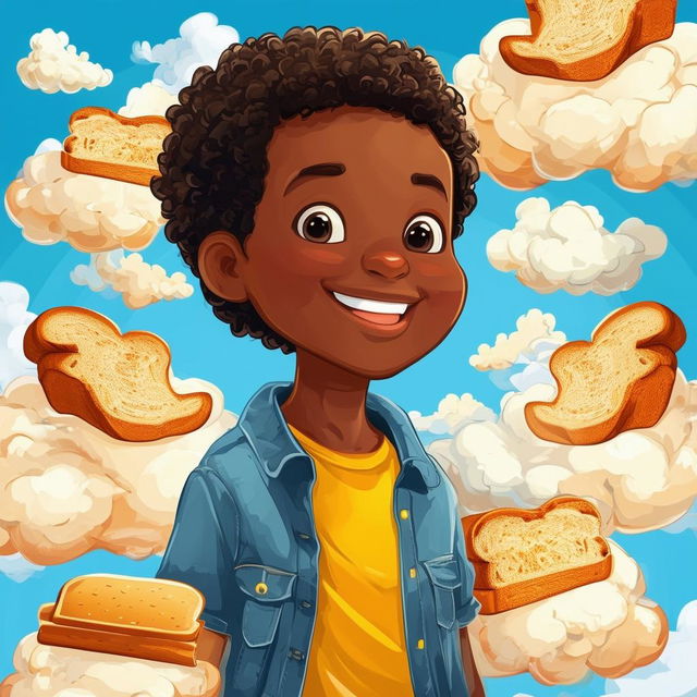 A whimsical book cover for 'Edward Pumpernickel and the Bread Clouds,' featuring a cheerful African American boy named Edward surrounded by clouds made of different types of bread in a bright, sunny sky