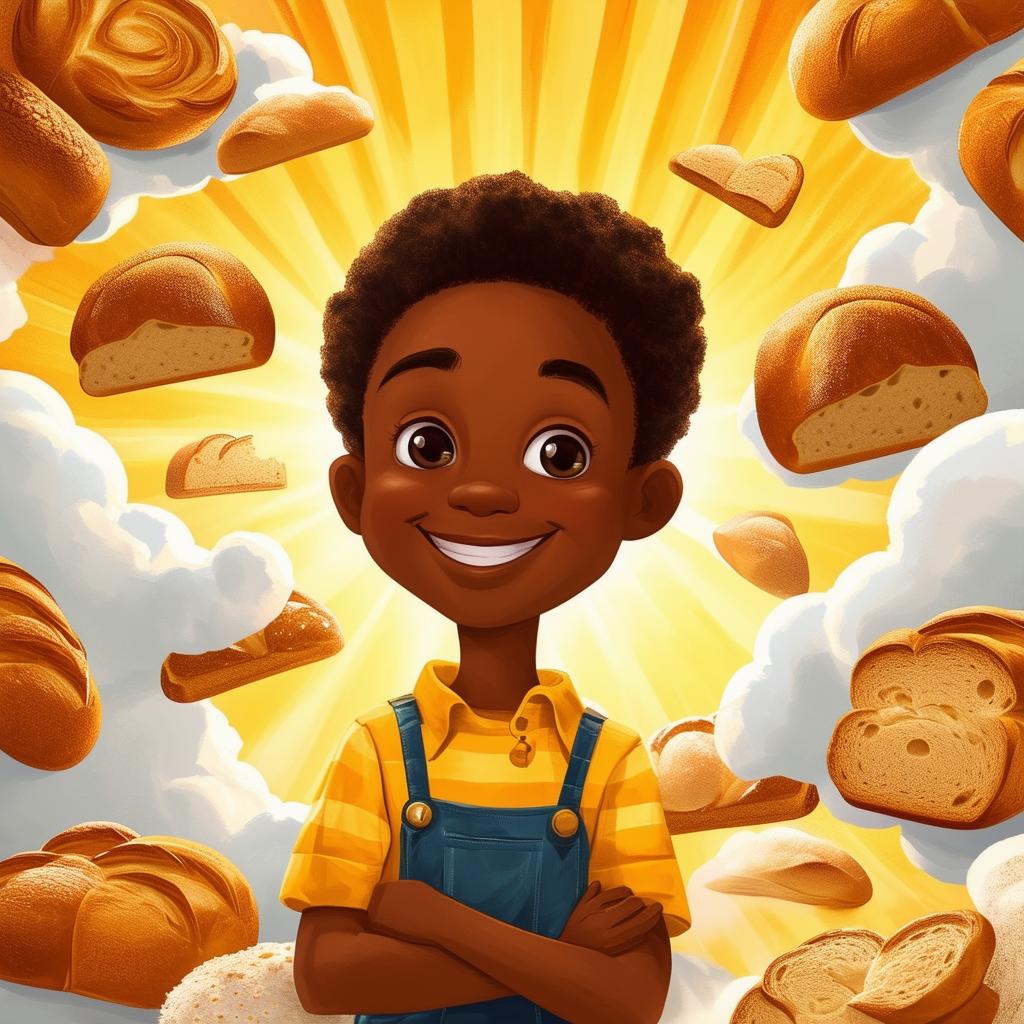 A whimsical book cover for 'Edward Pumpernickel and the Bread Clouds,' featuring a cheerful young African American boy named Edward surrounded by clouds made of various types of bread in a bright, sunny sky