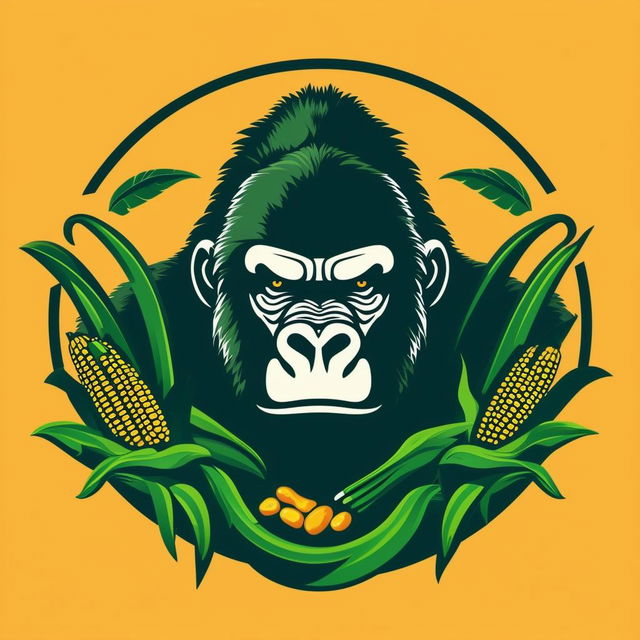 Create a logo featuring the milpa planting system with stylized maize, beans, and squash, and a central silverback gorilla