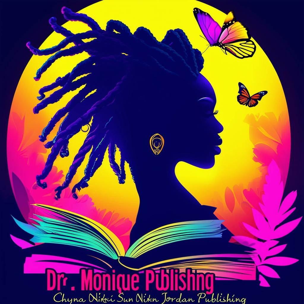 A vibrant and colorful logo for a book cover featuring a silhouette of a woman with dreadlocks, butterflies, a book, and the names 'Dr