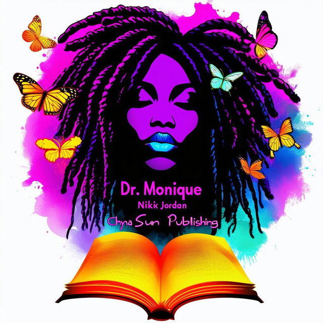 A vibrant and colorful logo for a book cover featuring a silhouette of a woman with dreadlocks, butterflies, a book, and the names 'Dr