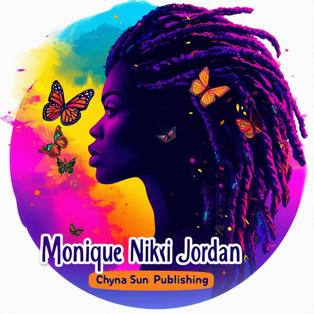 A vibrant and colorful logo for a book cover featuring a silhouette of a woman with dreadlocks, butterflies, and the names 'Monique Nikki Jordan' and 'Chyna Sun Publishing'