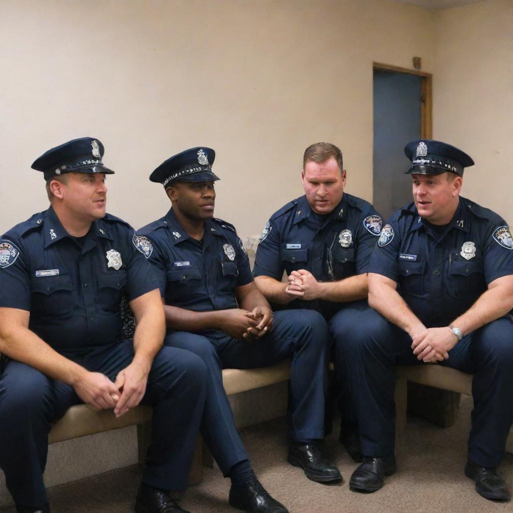 A group of uniformed police officers casually sitting on a comfortable couch in a precinct, engaging in friendly conversation.