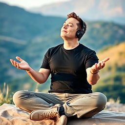 Elon Musk is sitting in a meditative pose with his eyes closed