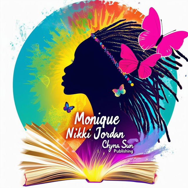 A vibrant and colorful logo for a book cover featuring an open book, a silhouette of a woman with dreadlocks, butterflies, and the names 'Monique Nikki Jordan' and 'Chyna Sun Publishing'