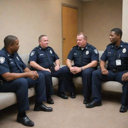 A group of uniformed police officers casually sitting on a comfortable couch in a precinct, engaging in friendly conversation.