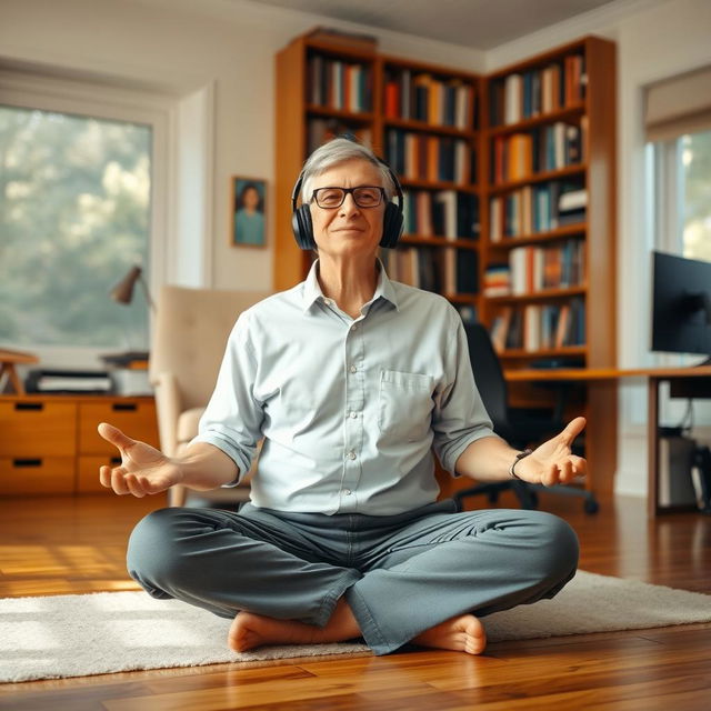 Bill Gates is sitting cross-legged on the floor in a meditative pose, wearing headphones