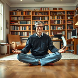 Bill Gates is sitting cross-legged on the floor in a meditative pose, wearing headphones