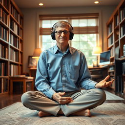 Bill Gates is sitting cross-legged on the floor in a meditative pose, wearing headphones