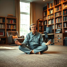 Bill Gates is sitting cross-legged on the floor in a meditative pose, wearing headphones