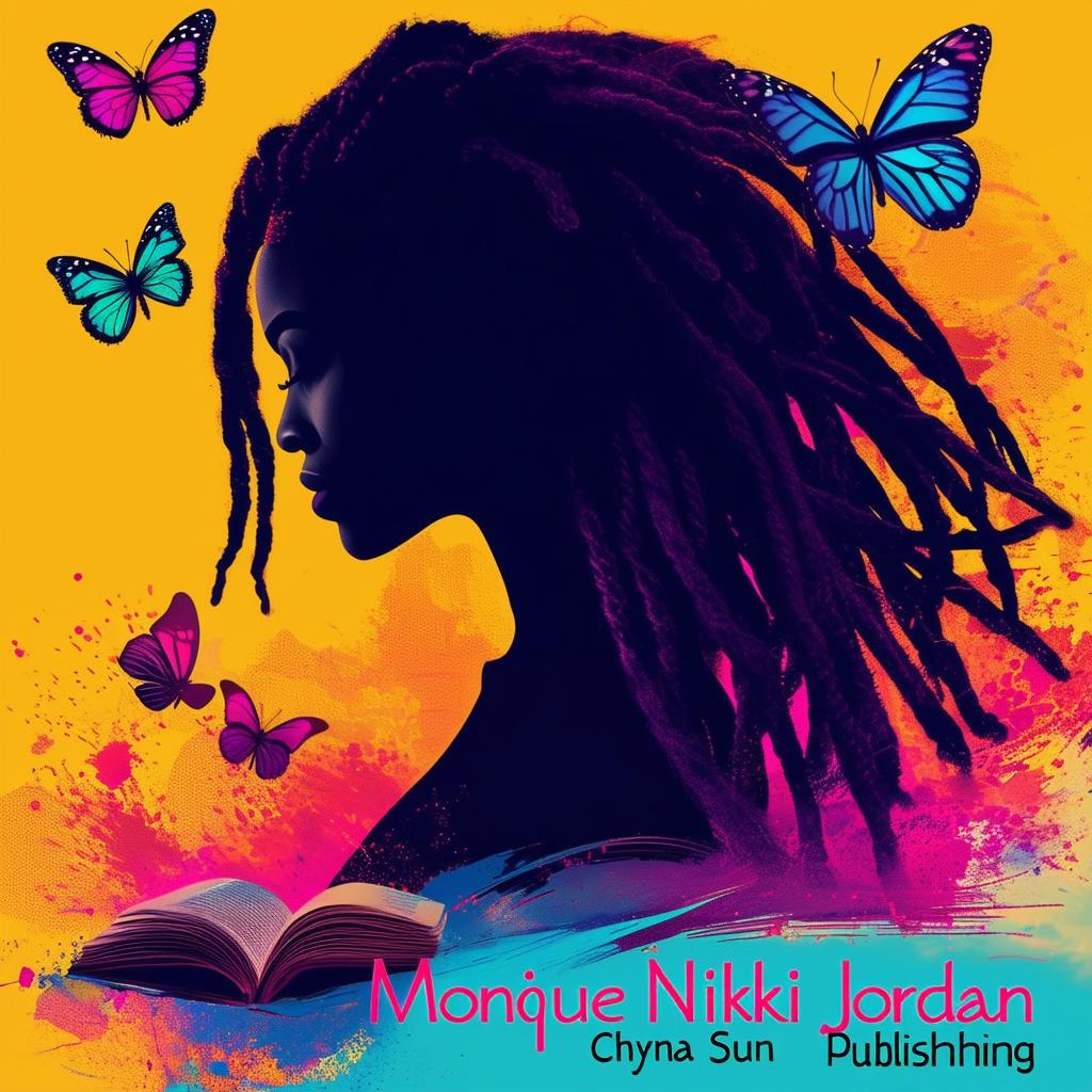 A vibrant and colorful logo for a book cover featuring a silhouette of a woman with dreadlocks, butterflies, a book, and the names 'Monique Nikki Jordan' and 'Chyna Sun Publishing'