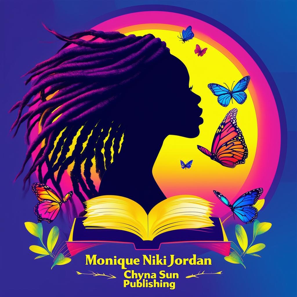 A vibrant and colorful logo for a book cover featuring a silhouette of a woman with flowing dreadlocks, butterflies, an open book, and the names 'Monique Nikki Jordan' and 'Chyna Sun Publishing'