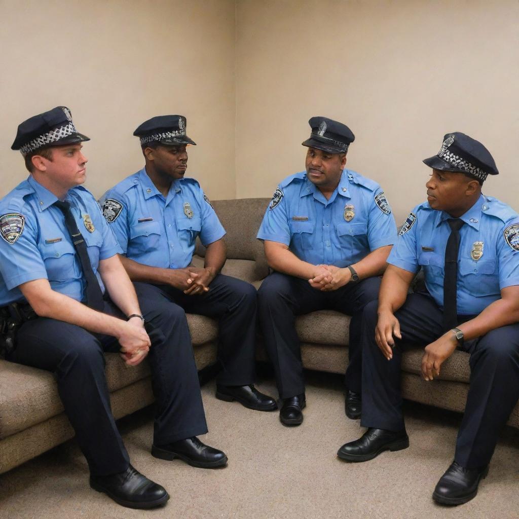 A group of uniformed police officers casually sitting on a comfortable couch in a precinct, engaging in friendly conversation.