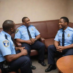 A group of uniformed police officers casually sitting on a comfortable couch in a precinct, engaging in friendly conversation.