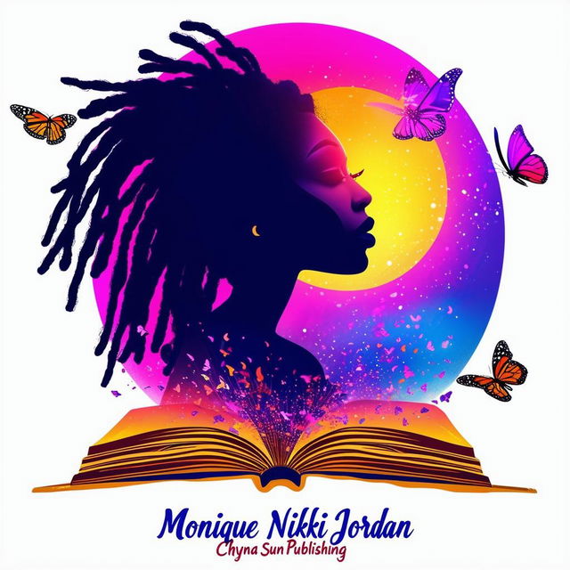 A vibrant and colorful logo for a book cover featuring an open book, a silhouette of a woman with dreadlocks, butterflies, and the names 'Monique Nikki Jordan' and 'Chyna Sun Publishing'