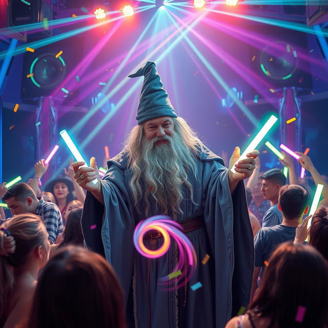 Gandalf the Grey is at a vibrant rave party, wearing his iconic robes and hat with glow sticks in hand, surrounded by neon lights, laser beams, and ecstatic party-goers