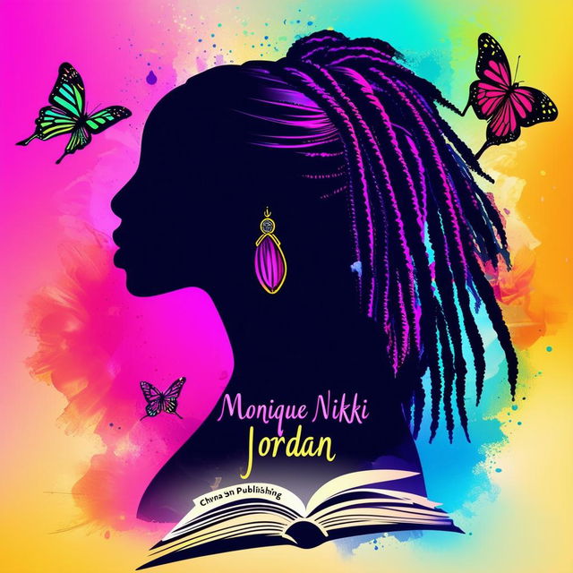 A vibrant and colorful logo for a book cover featuring a silhouette of a woman with dreadlocks, butterflies, a book, and the names 'Monique Nikki Jordan' and 'Chyna Sun Publishing'