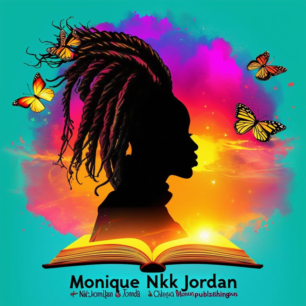 A vibrant and colorful logo for a book cover featuring an open book, a silhouette of a woman with dreadlocks, butterflies, and the names 'Monique Nikki Jordan' and 'Chyna Sun Publishing'