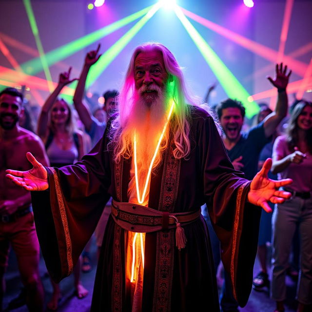 Gandalf at a modern-day rave, dressed in his traditional robes with neon accessories, surrounded by colorful strobe lights, lasers, and enthusiastic ravers