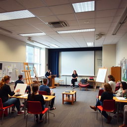 A classroom space designed for visual arts, music, theater, philosophy, and psychology activities, featuring flexible and relaxed furnishings