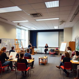 A classroom space designed for visual arts, music, theater, philosophy, and psychology activities, featuring flexible and relaxed furnishings