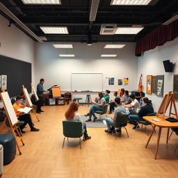 A classroom space designed for visual arts, music, theater, philosophy, and psychology activities, featuring flexible and relaxed furnishings