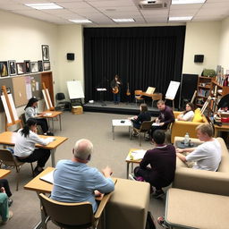 A classroom space designed for visual arts, music, theater, philosophy, and psychology activities, featuring flexible and relaxed furnishings