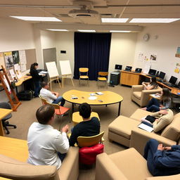 A classroom space designed for visual arts, music, theater, philosophy, and psychology activities, featuring flexible and relaxed furnishings and devices for online research