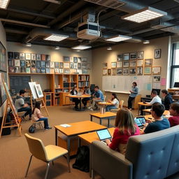 A classroom space designed for visual arts, music, theater, philosophy, and psychology activities, featuring flexible and relaxed furnishings and devices for online research