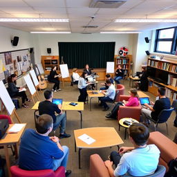 A classroom space designed for visual arts, music, theater, philosophy, and psychology activities, featuring flexible and relaxed furnishings and devices for online research