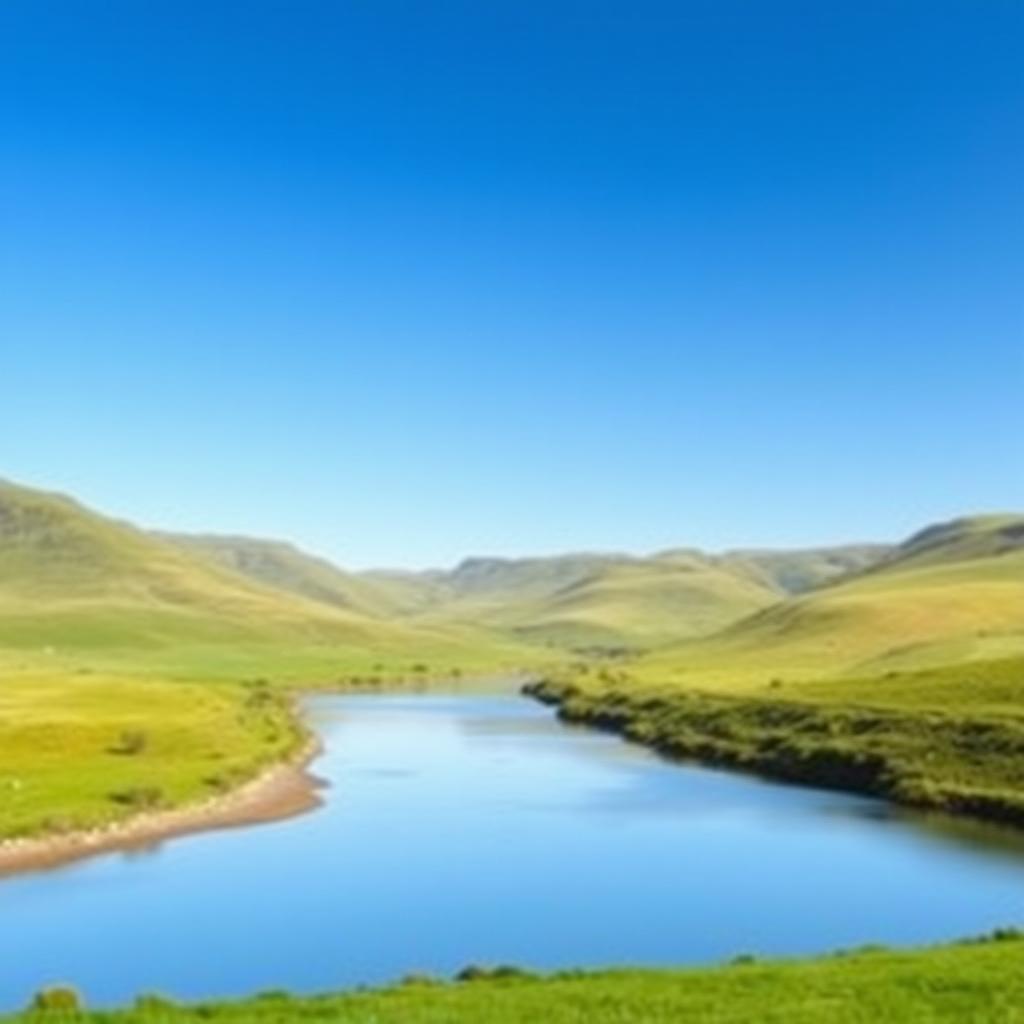 A serene landscape featuring a clear blue sky, rolling green hills, and a calm river flowing through the middle