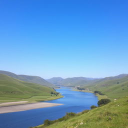 A serene landscape featuring a clear blue sky, rolling green hills, and a calm river flowing through the middle