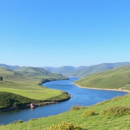 A serene landscape featuring a clear blue sky, rolling green hills, and a calm river flowing through the middle