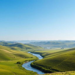 A serene landscape featuring a clear blue sky, rolling green hills, and a calm river flowing through the middle