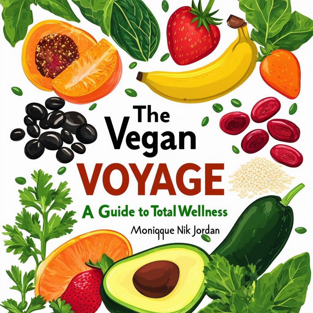 Create a vibrant and inviting printable cookbook cover titled 'The Vegan Voyage: A Guide to Total Wellness' by Monique Nikki Jordan, featuring fresh, natural colors, illustrations of vegetables, fruits, herbs, black beans, quinoa, avocados, strawberries, bananas, rice, and other vegan items, with a clean, modern design