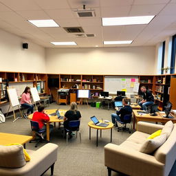 A classroom space designed for visual arts, music, theater, philosophy, and psychology activities, featuring flexible and relaxed furnishings, a small stage, and devices for online research