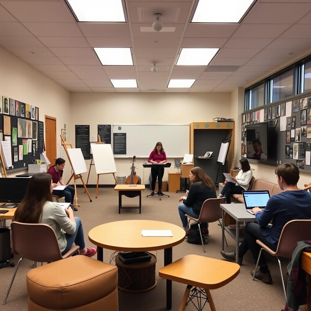 A classroom space designed for visual arts, music, theater, philosophy, and psychology activities, featuring flexible and relaxed furnishings, a small stage, and devices for online research