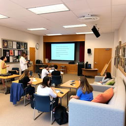 A classroom space designed for visual arts, music, theater, philosophy, and psychology activities, featuring flexible and relaxed furnishings, a small stage, and devices for online research