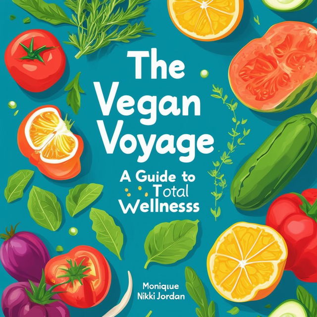 Create a vibrant and inviting printable cookbook cover titled 'The Vegan Voyage: A Guide to Total Wellness' by Monique Nikki Jordan, featuring fresh, natural colors, illustrations of vegetables, fruits, and herbs, and a clean, modern design