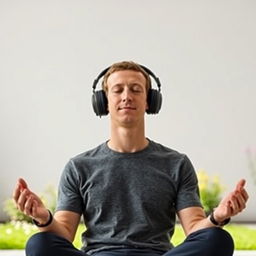 Mark Zuckerberg is sitting in a meditative pose with his eyes closed, wearing headphones