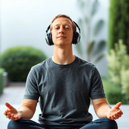 Mark Zuckerberg is sitting in a meditative pose with his eyes closed, wearing headphones